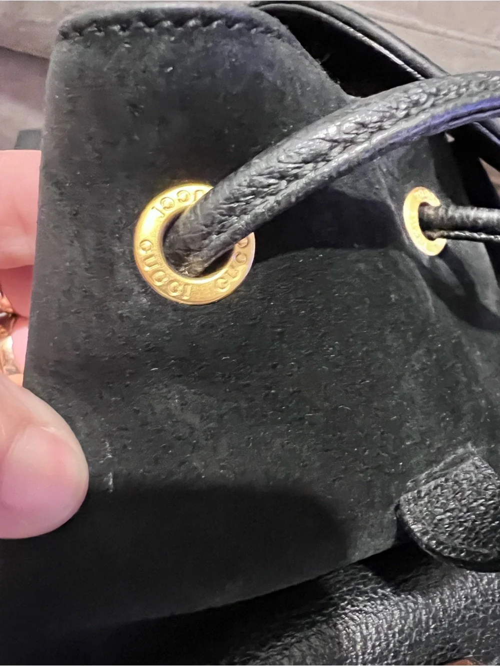 Gucci Black Suede & Leather Bamboo-Handle Drawstring Backpack